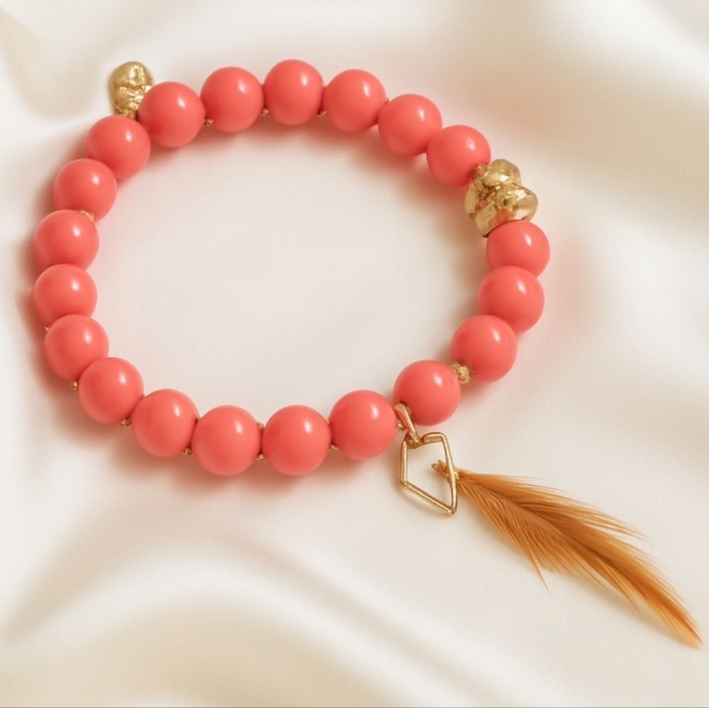 Boho Chic Coral Bead Bracelet - Gold & Feather Charm – Express Statement Jewelry